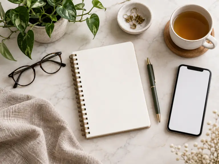 Flat lay met notitieboek, telefoon, bril, thee en groene plant