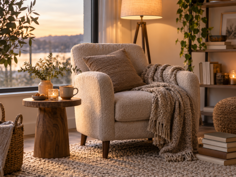 Comfortabele leeshoek met fauteuil, plaid, boeken, warme drank en zachte verlichting