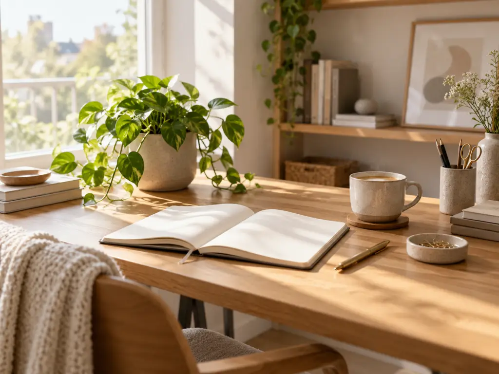 Lichte werkplek met notitieboek, plant, koffie en natuurlijke materialen