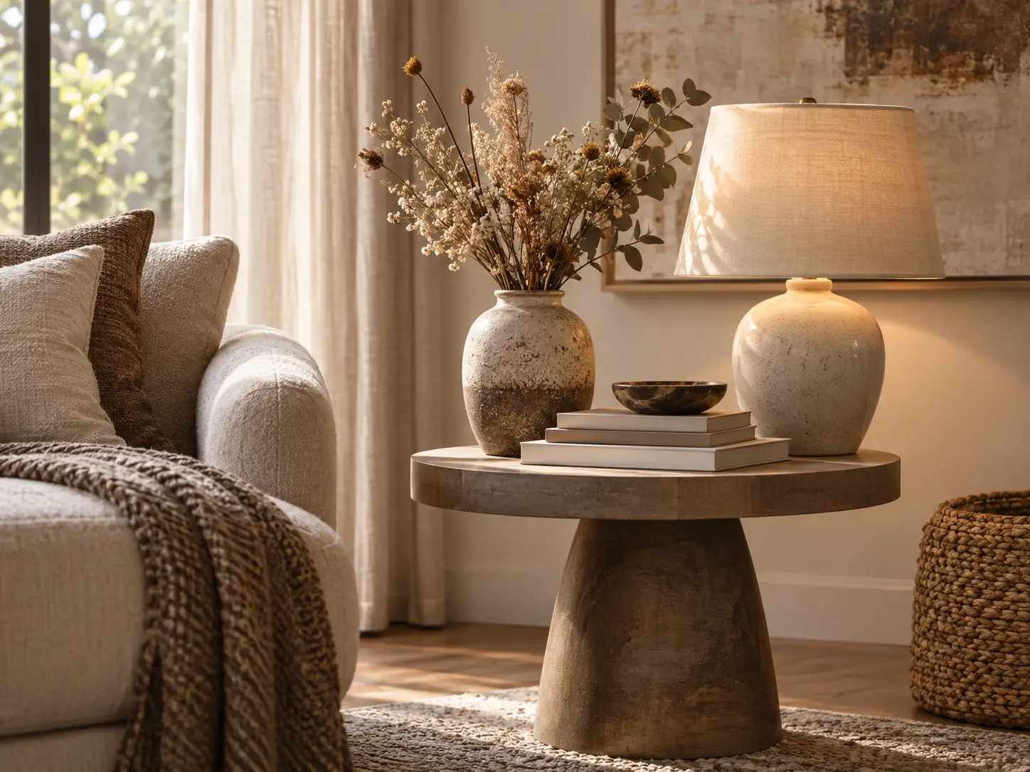 Sfeervol interieur met vaas, lamp, boeken en natuurlijke woondecoratie